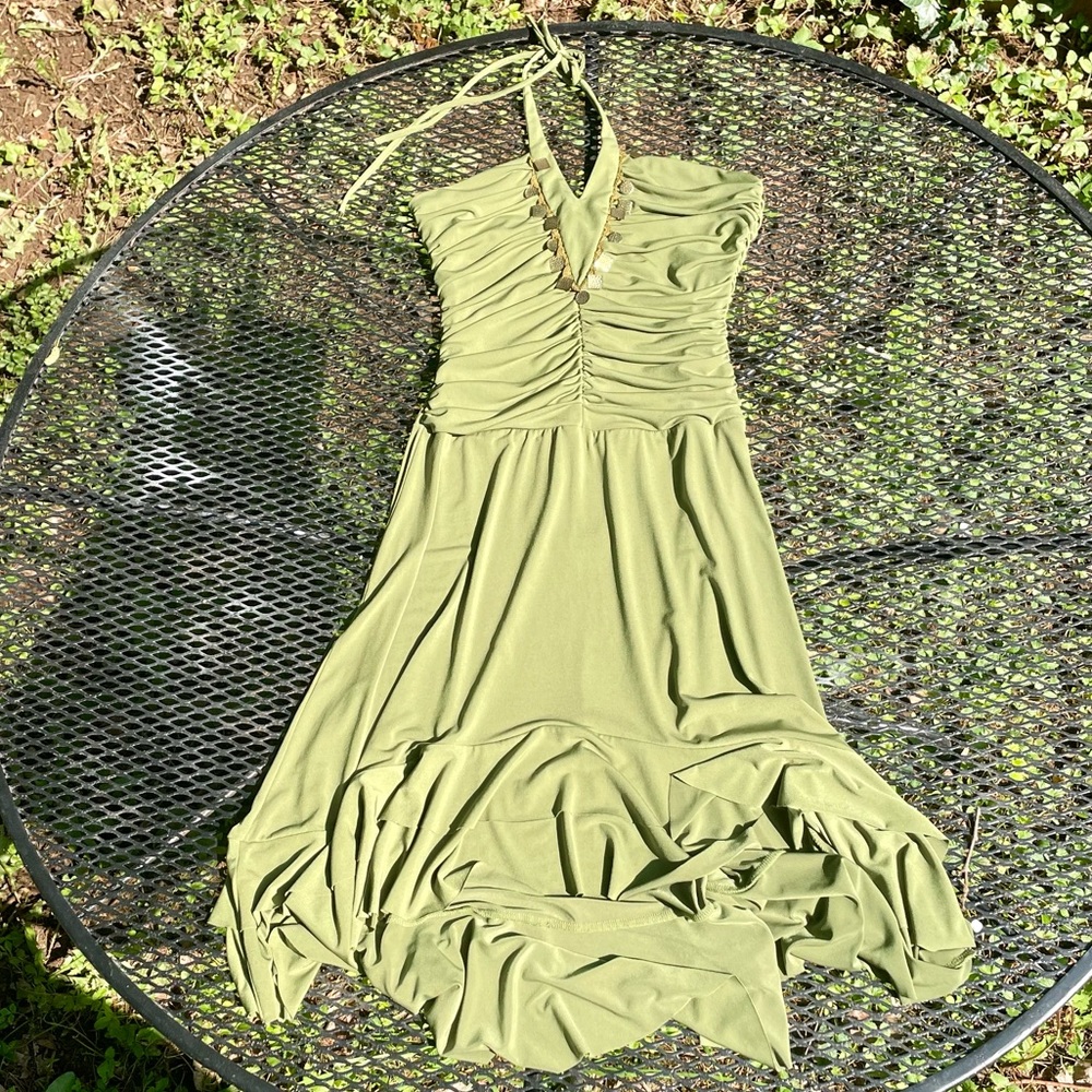 Green beaded halter backless summer dress size L boho